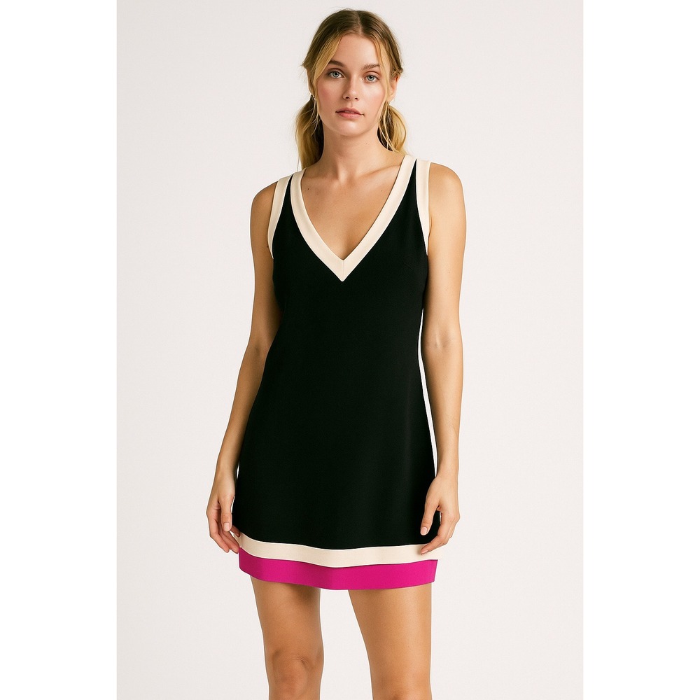 Jay‎ Godfrey Dress 100% Silk Black White and Fucsia Sleeveless V-Neck Size 8